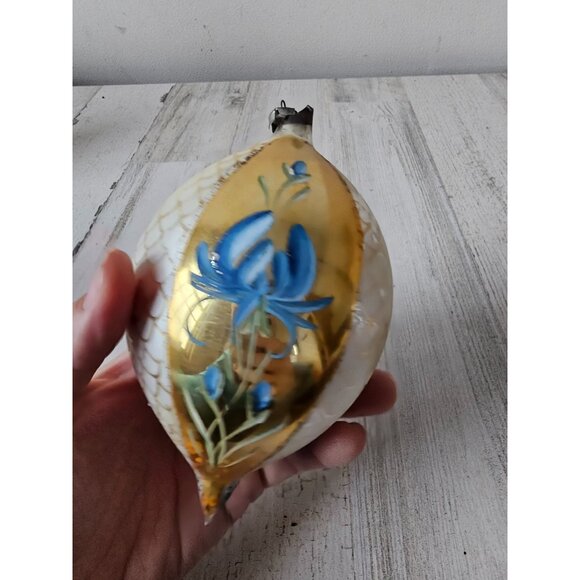 Antique flower striped teardrop glass Mercury ornament Xmas tree yellow blue she - Picture 6 of 10